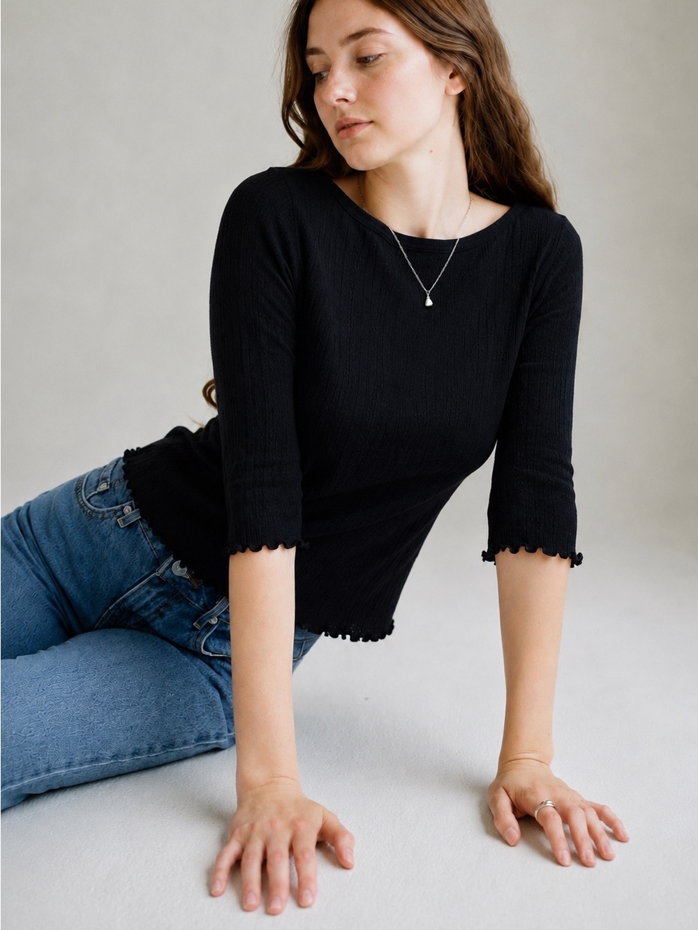 Natural Life NWT Ribbed Lettuce Trim Scoop Neck 3/4 Sleeve Top Black Size L